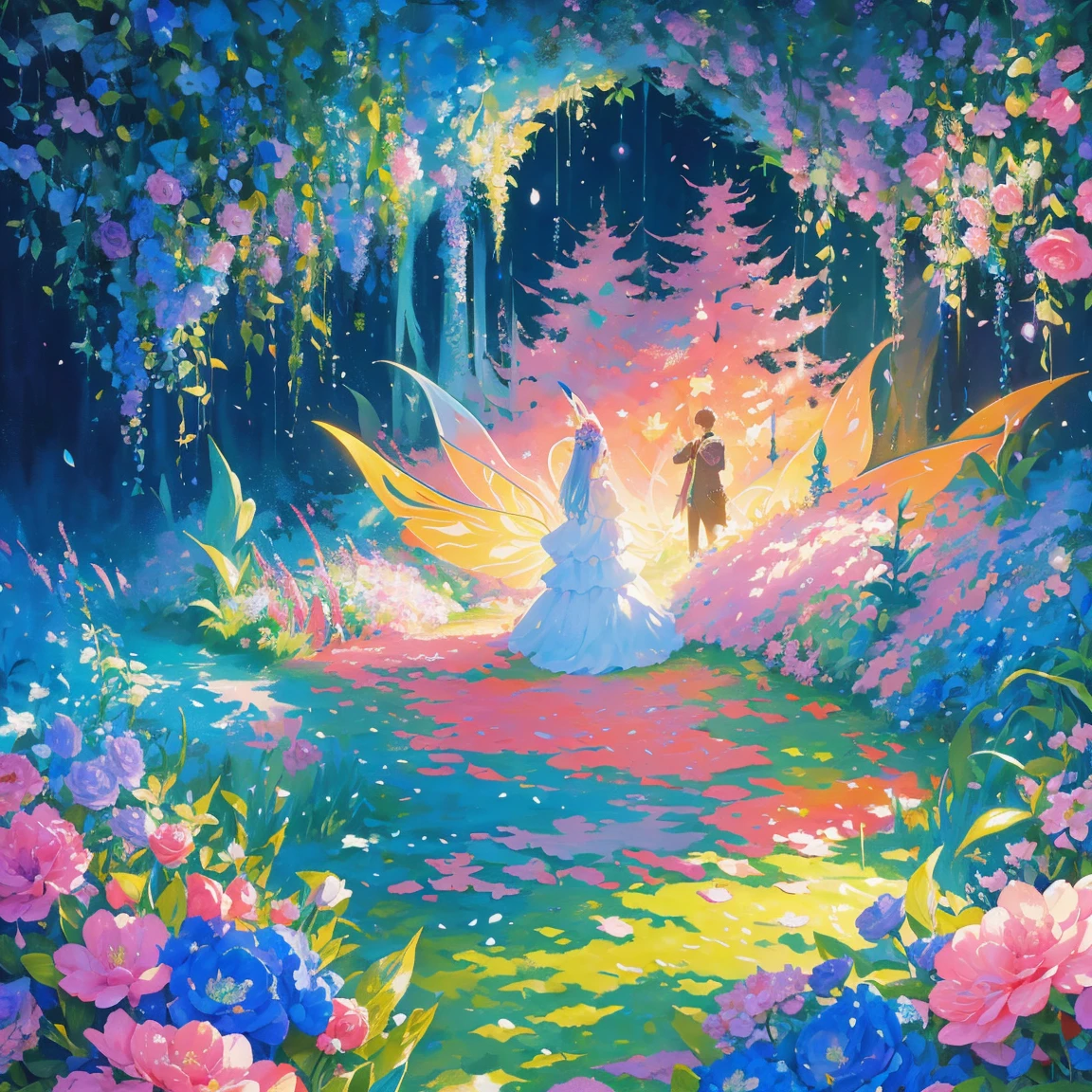 florals ,Colorful flowers ,background are the flowers,Surrounded by flowers,Seamless design,Fantasy Forest, neonlight, Realistic, Glow,Manhwa Style, Paint with vivid watercolors ,extremely detaile, highly detailed, tmasterpiece, Fairy tale background, in wonderland, Dynamic colors, Fairytale glow,