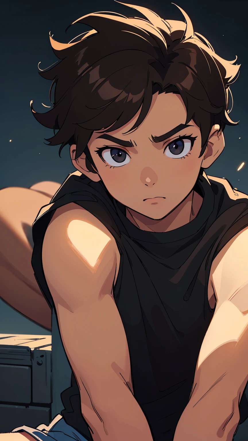 A 19 year-old boy, light brown skin, thick lips, short curly black hair, dark brown eyes, black tank top, Zenitsu Agatsuma style, looking at camera, opening u. big smile, (best quality, 4k, 8k, highres, masterpiece: 1.2), ultra-detailed ,portrait,cinematic lighting,dramatic shadows,vivid colors,highly detailed facial features,extremely detailed eyes and face,longeyelashes,beautifully lit,perfect composition