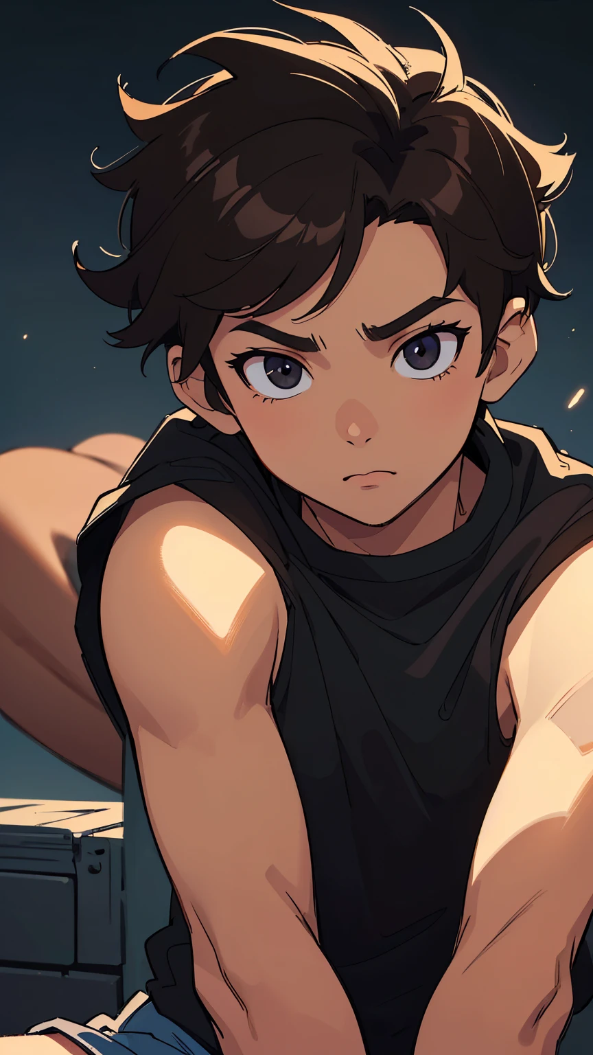 A 19 year-old boy, light brown skin, thick lips, short curly black hair, dark brown eyes, black tank top, Zenitsu Agatsuma style, looking at camera, opening u. big smile, (best quality, 4k, 8k, highres, masterpiece: 1.2), ultra-detailed ,portrait,cinematic lighting,dramatic shadows,vivid colors,highly detailed facial features,extremely detailed eyes and face,longeyelashes,beautifully lit,perfect composition