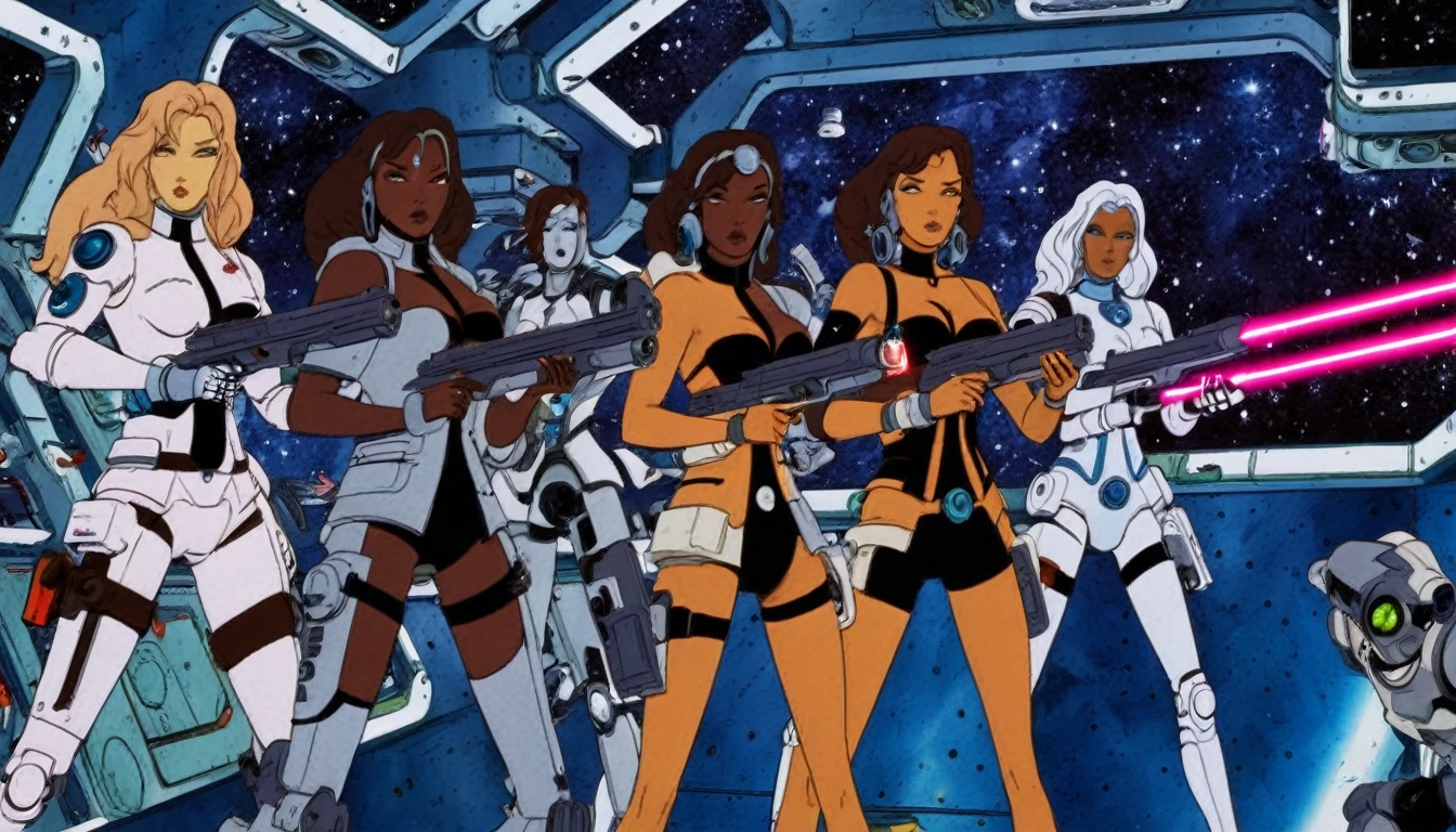 Flat 2D Art,simple flat color,2-dimensional,heavymetalstyle,Flat 2D Art Style, in (medium close-up:3.1) of characters from (innovative, 3girls from the movie "slave girls from beyond infinity" with laser pistols, shooting at robots, inside a space station:3.1), inspired by style of Simon Bisley and style of Ed Binkley art.