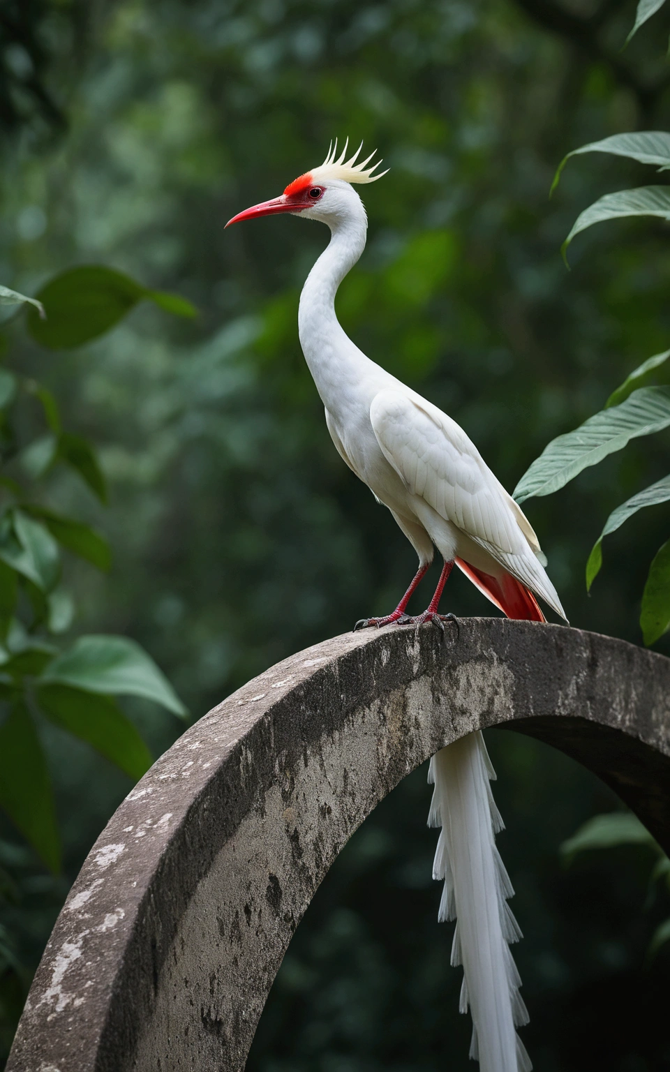 there is a large white, red, scaled and striped bird, sitting on top of an ancient bridge, with tail, rare bird in the jungle, long tail, very beautiful and elegant, beautiful and elegant, long and elegant tail, captured in the canon eos r 6, long tail with horns, beautiful and graceful, long tails, by Sudip Roy, mischievous look, high quality nature photography