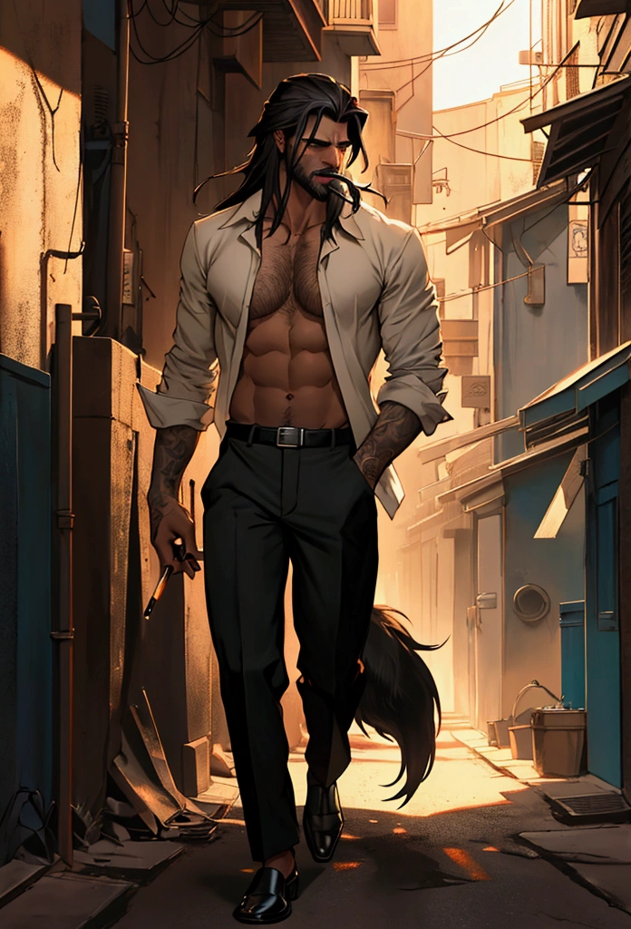 male, , smoking cigarette, lighting the alley with cigaratte, wearing a unbuttoned shirt, wolf cut shoulder length hair, tail, intimadating, man, scary,mafia, beautiful image, masterly drawn, handcrafted, 8k quality, beautiful background