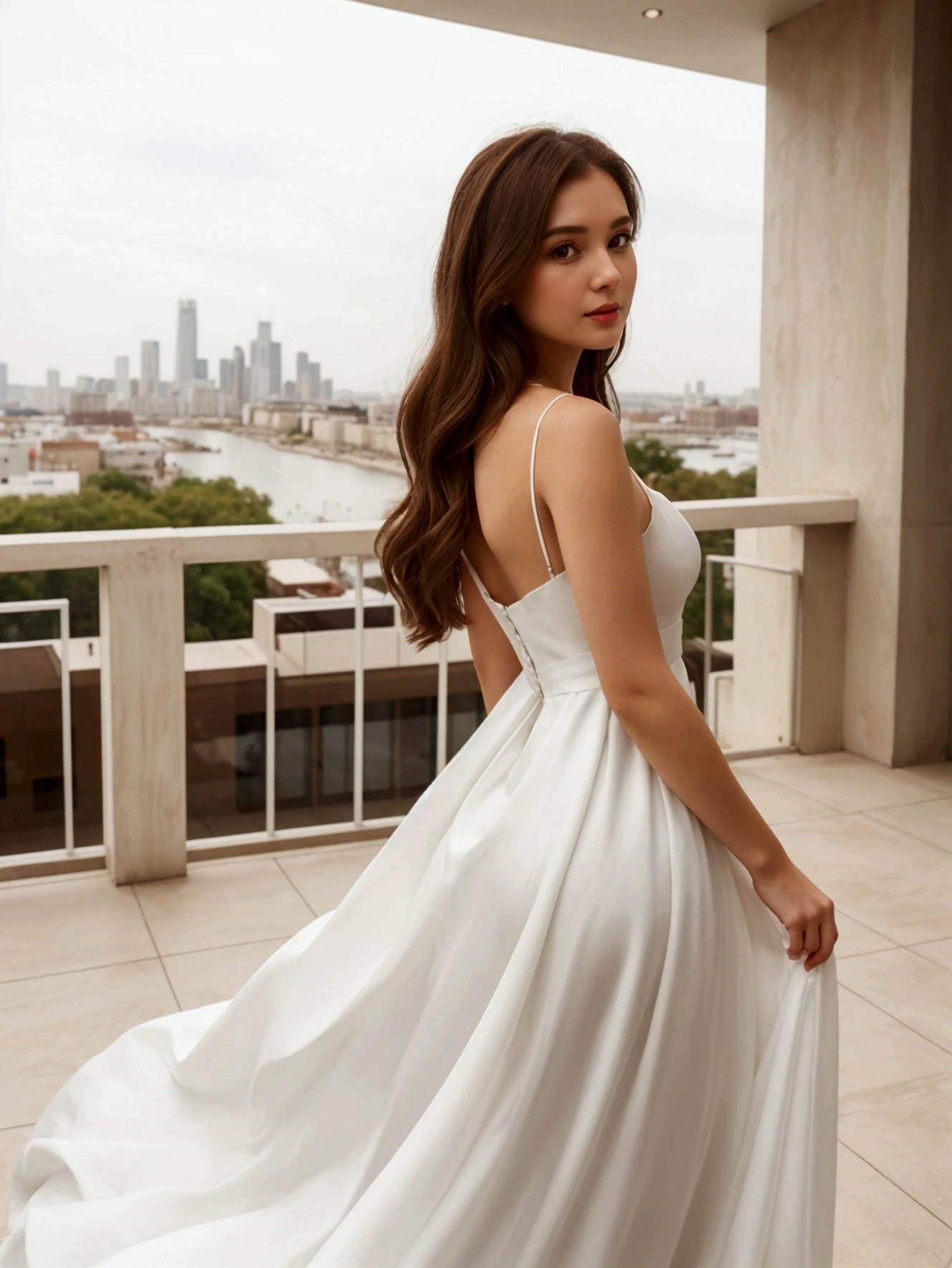 brown haired woman in white dress standing on a patio with a city in the background, in a long white dress, wearing a white flowing dress, wearing stunning ivory dress, dressed in white, wearing an elegant dress, white dress, wearing a cute white dress
