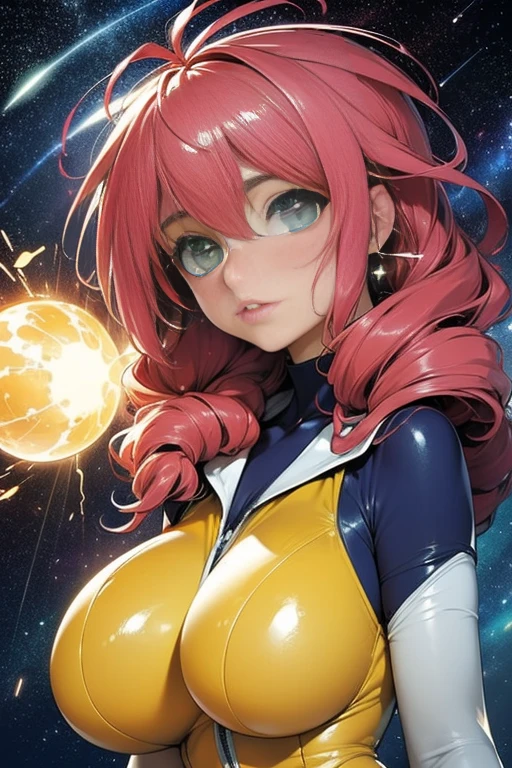 (masterpiece, top quality), (medium),official art, beautiful and aesthetic:1.2),(feldt:1.3), (fractal art:1.3), gundam00, pink hair, ((yellow bodysuit)), from side, (slendered abs:1.2), looking at viewer,(((starry sky))), stars in the background,((black gloves)),((gigantic breasts:1.5)), (drill hair),((ultra detail eyes:1.5)),((extremely detailed CG unity 8k wallpaper,masterpiece, best quality)), ((ultra-detailed:1.5)),(best illumination, best shadow, an extremely delicate and beautiful),(extremely detailed CG unity 8k wallpaper,masterpiece, best quality, ultra-detailed),(best illumination,  best shadow, an extremely delicate and beautiful),(masterpiece), digital art, otherworldly, a burst of color, explosive energy, chaotic beauty, (hair flowing:1.2, hair glowing), (background: broken, shattered, fractured), (light: flickering, pulsating, radiating).