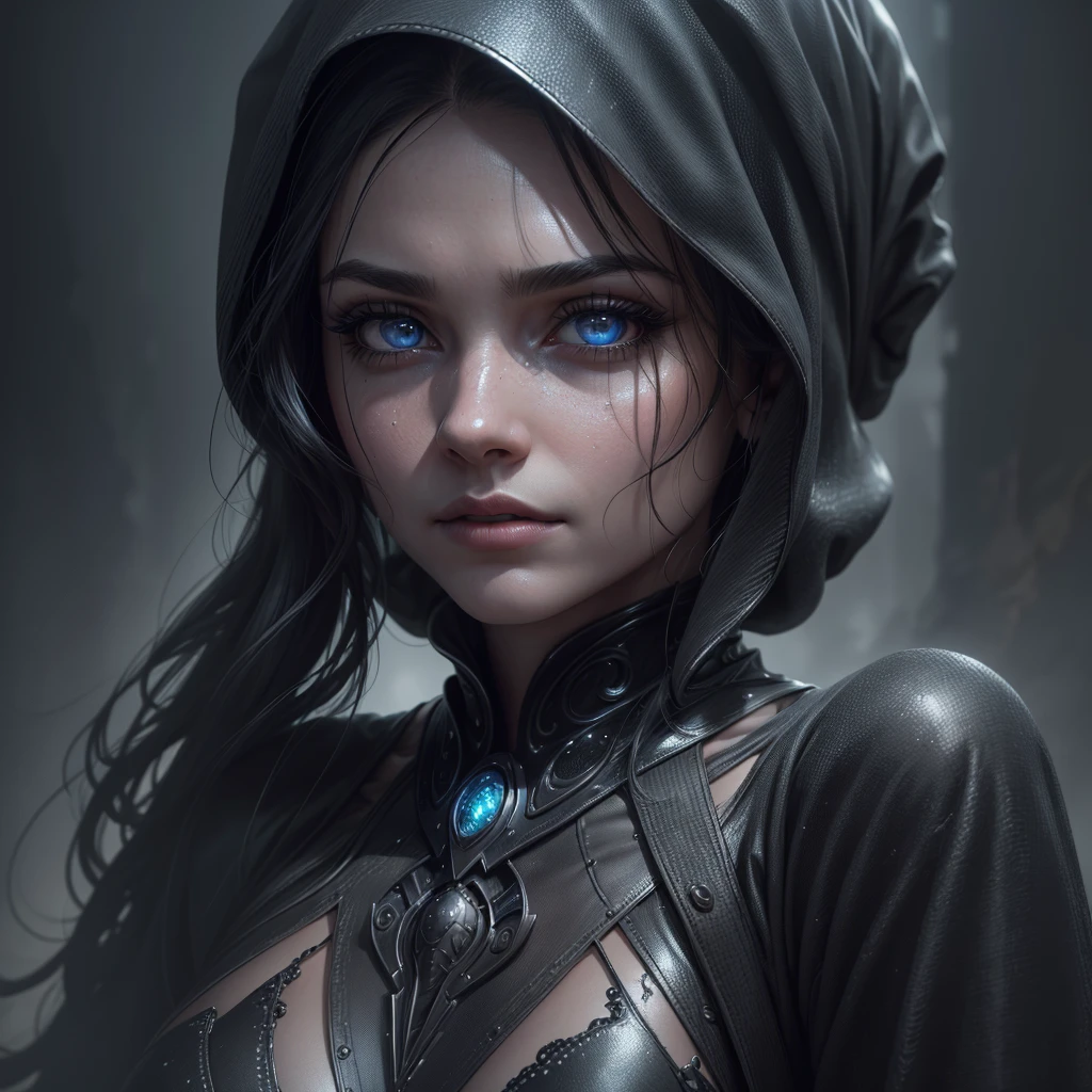 beautiful detailed eyes, beautiful detailed lips, extremely detailed eyes and face, long eyelashes, 1 alien witch, wrinkly skin, futuristic black clothes, dark grey hair, (best quality,4k,8k,highres,masterpiece:1.2),ultra-detailed,(realistic,photorealistic,photo-realistic:1.37), digital painting, cinematic lighting, dark moody atmosphere, dramatic lighting, chiaroscuro, moody, dystopian, sci-fi