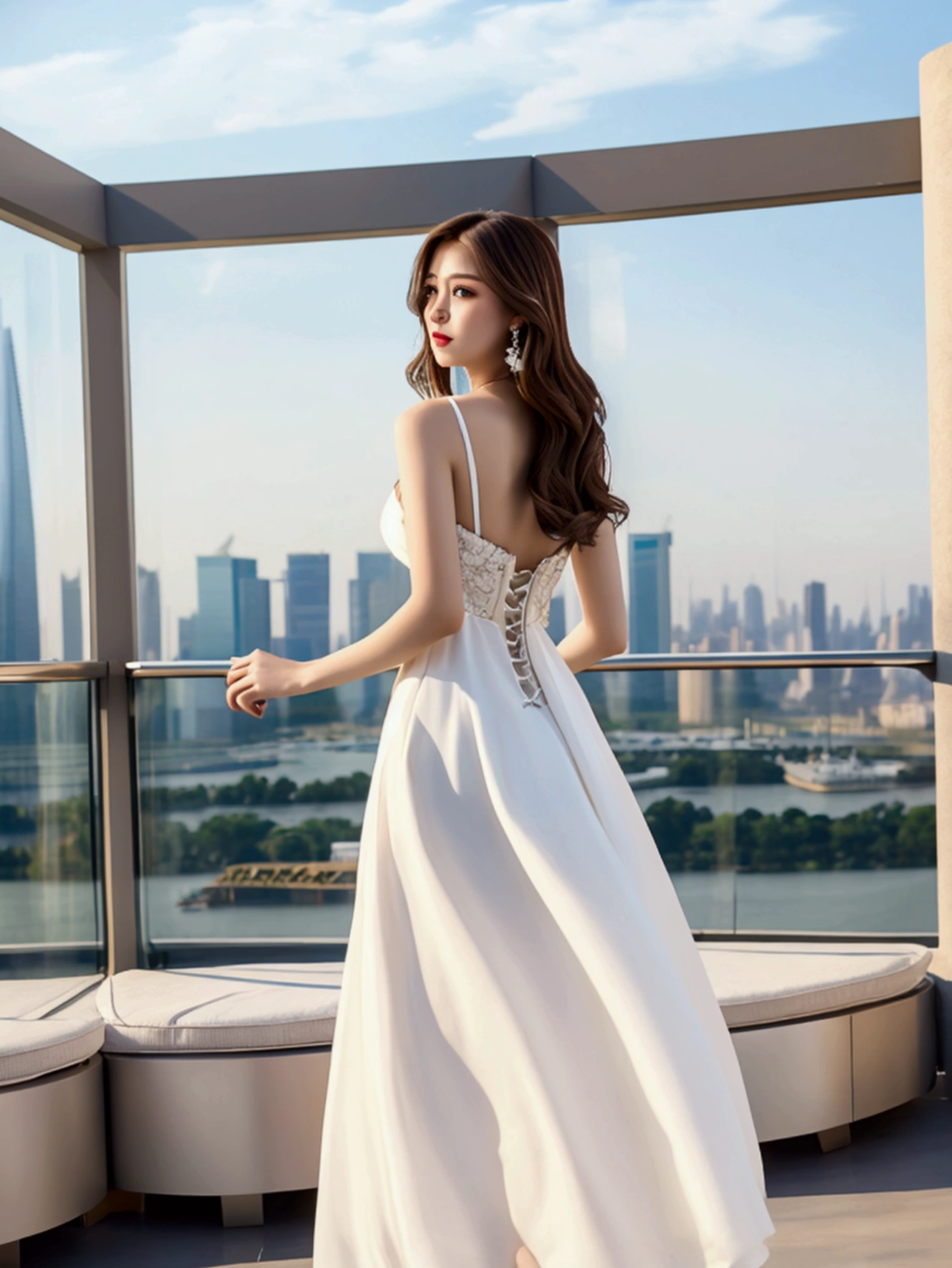 brown haired woman in white dress standing on a patio with a city in the background, in a long white dress, wearing a white flowing dress, wearing stunning ivory dress, dressed in white, wearing an elegant dress, white dress, wearing a cute white dress