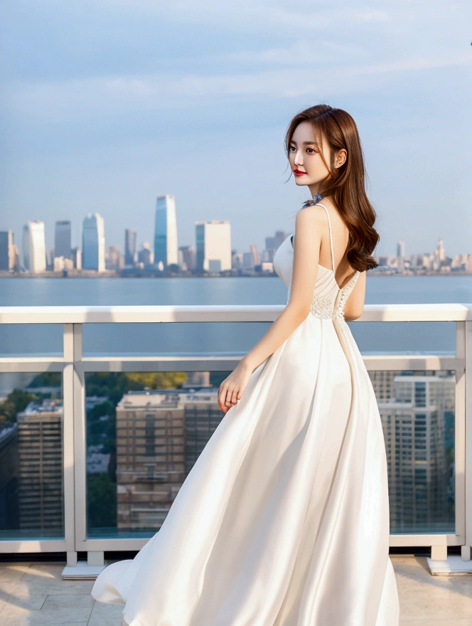 brown haired woman in white dress standing on a patio with a city in the background, in a long white dress, wearing a white flowing dress, wearing stunning ivory dress, dressed in white, wearing an elegant dress, white dress, wearing a cute white dress