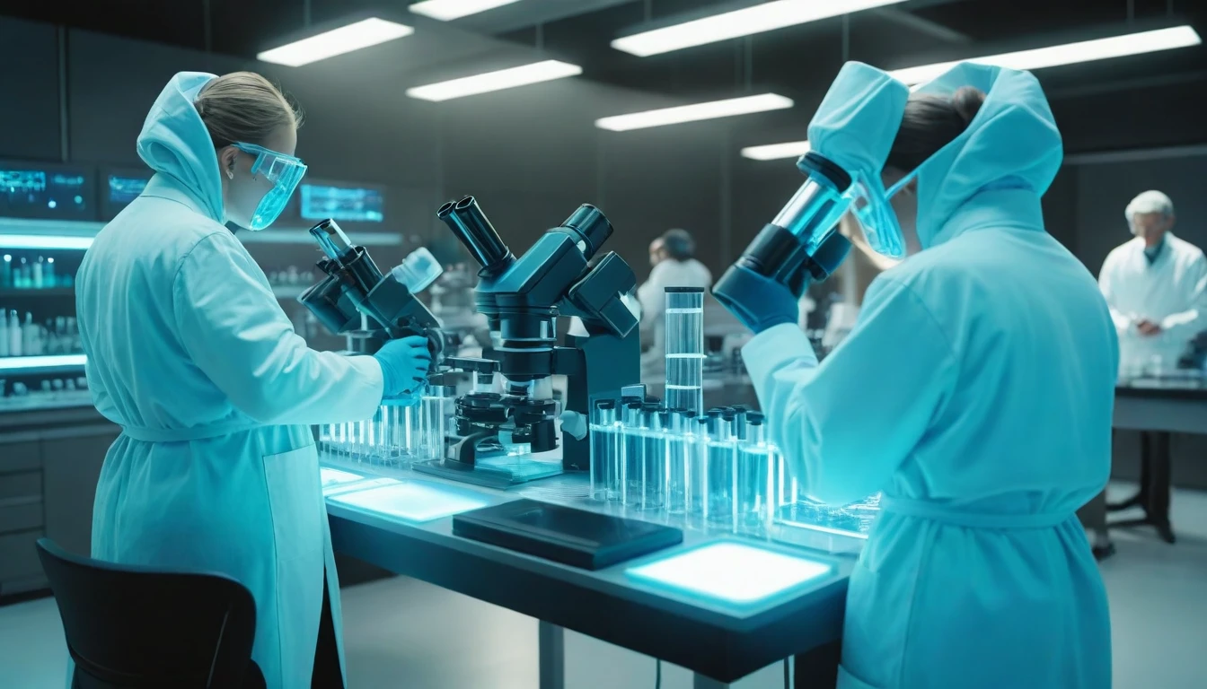 Futuristic laboratory with scientists working. Above them, divine hands subtly guiding and blessing their actions. Test tubes and microscopes in the foreground. Realistic style with science fiction touches, high definition, realistic style, cinematic style, soft colors. Photorealism style, high resolution, 8k
