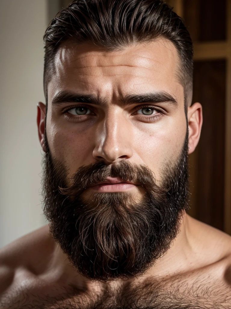 Homme espagnol, 30 ans, barbe épaisse brune, visage anguleux, regard ténébreux, cheveux très courts dégradé, bel homme musclé