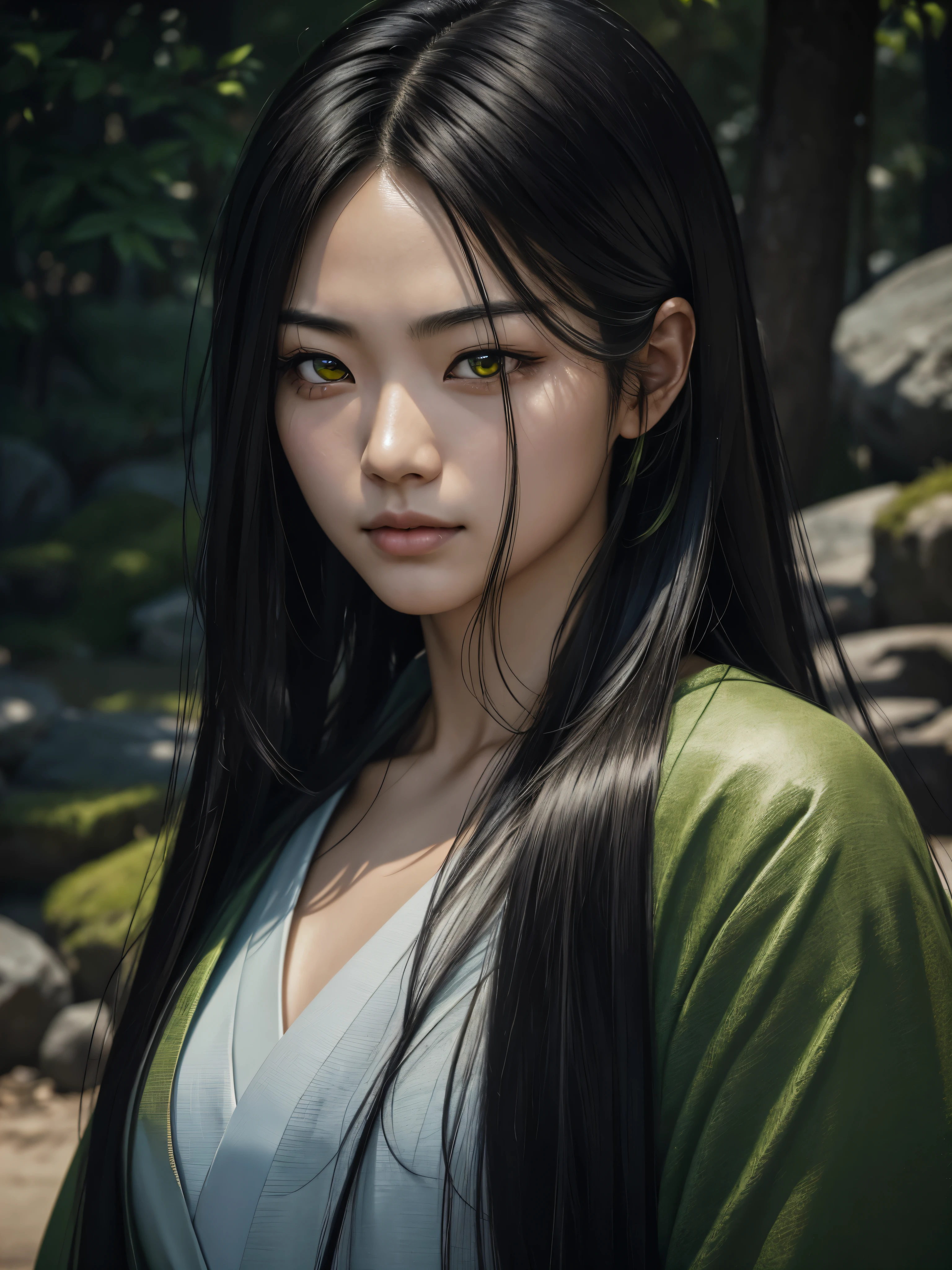 A Japanese woman with a serene and lethal appearance. His hair is long and straight, deep black, ((and his eyes are bright green)), highly detailed and expressive face, (best quality,4k,8k,highres,masterpiece:1.2),ultra-detailed,(realistic,photorealistic,photo-realistic:1.37),portrait,concept art,dramatic lighting,vivid colors,intricate details, (Avoid deformed and poorly drawn eyes)
