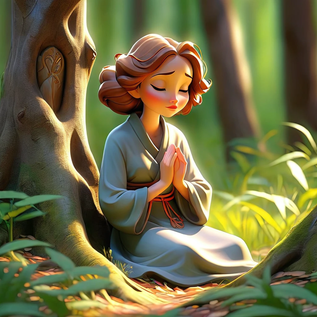 Sob a serene glass, on a peaceful day, woman in the forest happy, in voracious prayer. Bible in hands, words of light, Seek the comfort that faith always translates. The shadow of the tree, shelter and refreshment, A sacred encounter, an ethereal moment. With eyes closed and heart open, Pray fervently, search for the right path. Every leaf that falls, a divine whisper, Guiding your words, showing the destination. On sacred ground, your soul surrenders, To God omnipresent, his life he extends. under the tree, symbol of life and shelter, happy woman with bible, in an old dialogue. kneeling in prayer, her strength she renews.