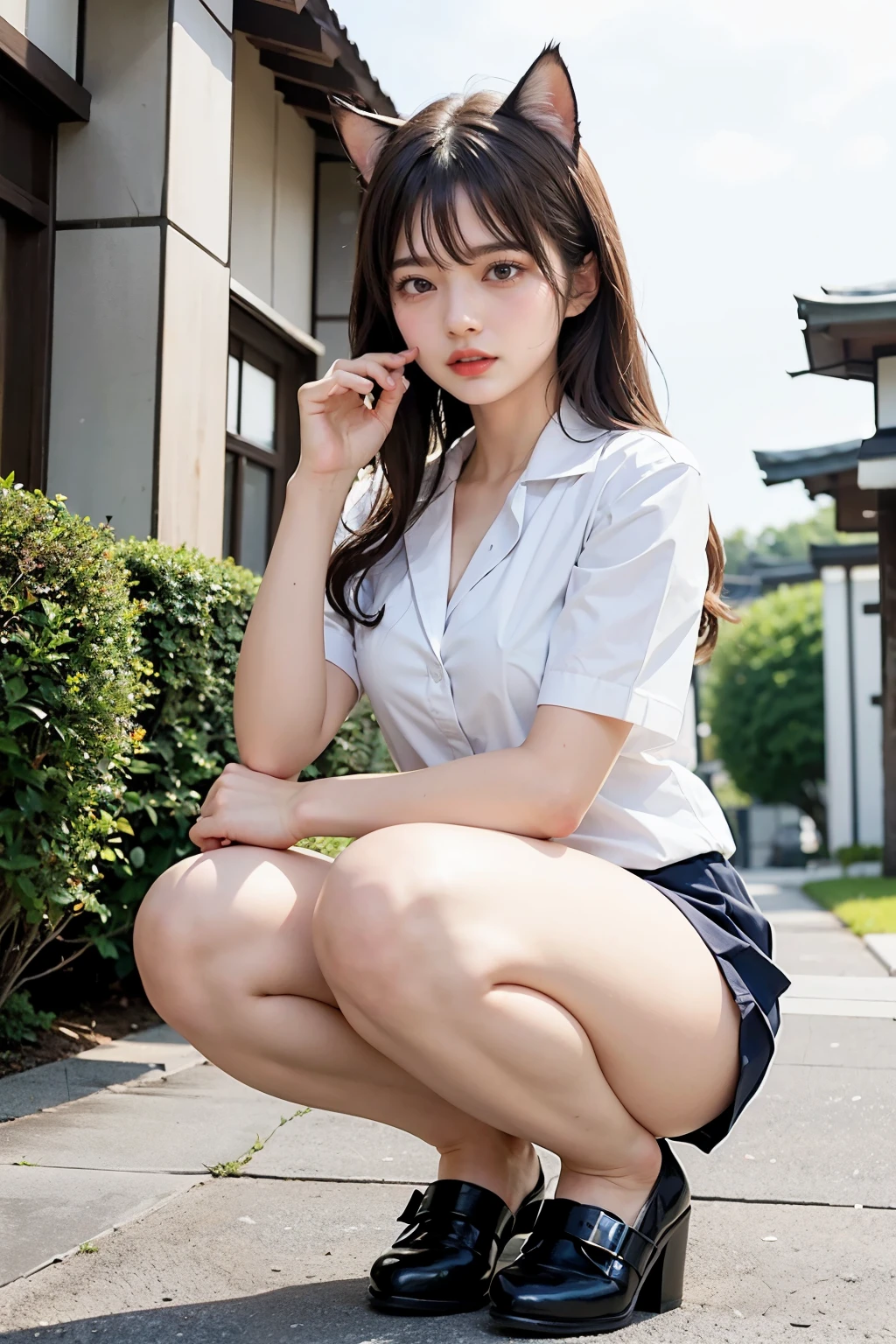 Beautiful Japanese idle, plump breast, squatting in company, Work suit, from below, cat ears,