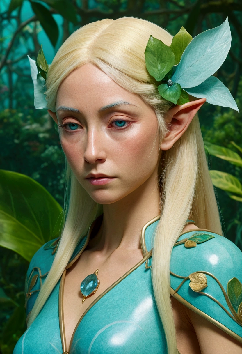Blonde mature elf, despaired face, cybernetic arms, in the style of tranquil gardenscapes, colorful animation stills, masami teraoka, aquamarine, paul gauguin, Embry style, honest portrayal