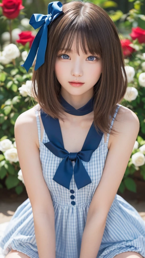 one girl, (a beauty girl, delicate girl:1.3), (:1.3),
break, (blue and  white ruffle dress:1.3), (big hair ribbon:1.3),
break, very fine eyes, (symmetrical eyes:1.3),
break, (flower park, lots of roses:1.3), perfectly trimmed fingers,
break, small breasts, (blue eyes:1.3), parted bangs, (blond hair:1.3), (upper teeth, best smile:0.6),
break, (eyes and faces with detailed:1.0),
break, (masterpiece, best quality, ultra detailed, detailed face, 8k)