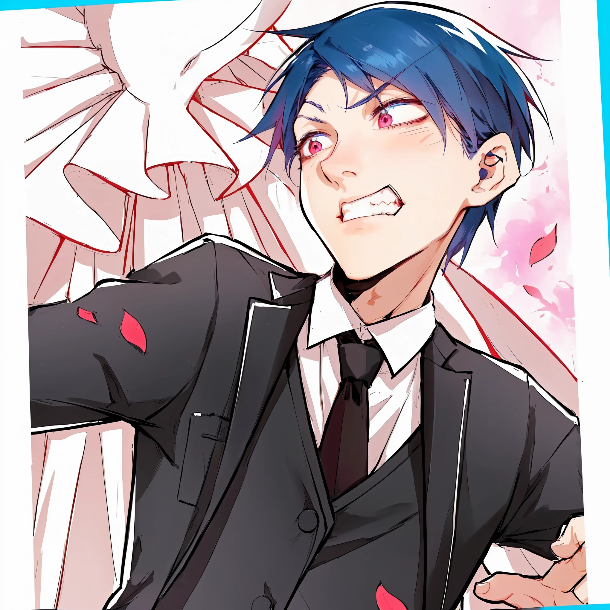 anime character with blue hair and black suit and tie, 2d anime style, gapmoe yandere, Inspired by Munakata Shiko, yandere, yandere. Cao Cao, elegant dream demon, cute japanese demon boy, ikuto yamashita, in anime style, zerochan art, beautiful anime pose, anime moe art style, zerochan, evil face, serious villain