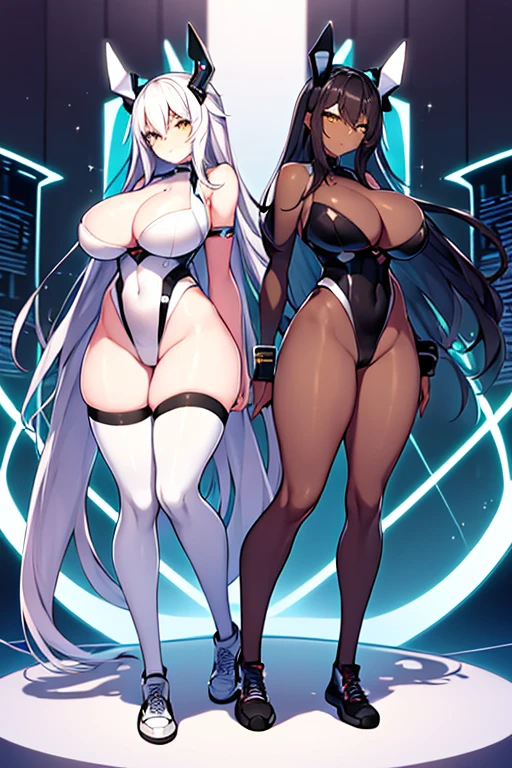 2girls, dark skin, dark-skinned female, white hair, black hair, long hair, yellow eyes, large breasts, breasts, wide hips, smug, smirk, smile, bodysuit, black bodysuit, pantyhose, black pantyhose, shoes, sneakers, futuristic, tech, science-fiction, neon trim, white neon trim, white trim, full body, ((full body))