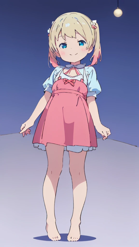((masterpiece))((Highest quality))girl、smile、blush、Flat Chest、Are thin、Blonde Hair、blush、Are standing、Whole body image、Eye level to the feet、front、No background、真frontのアングル、Blue clothes、Two-tone white and blue hair、Twin tails、Red Alice outfit