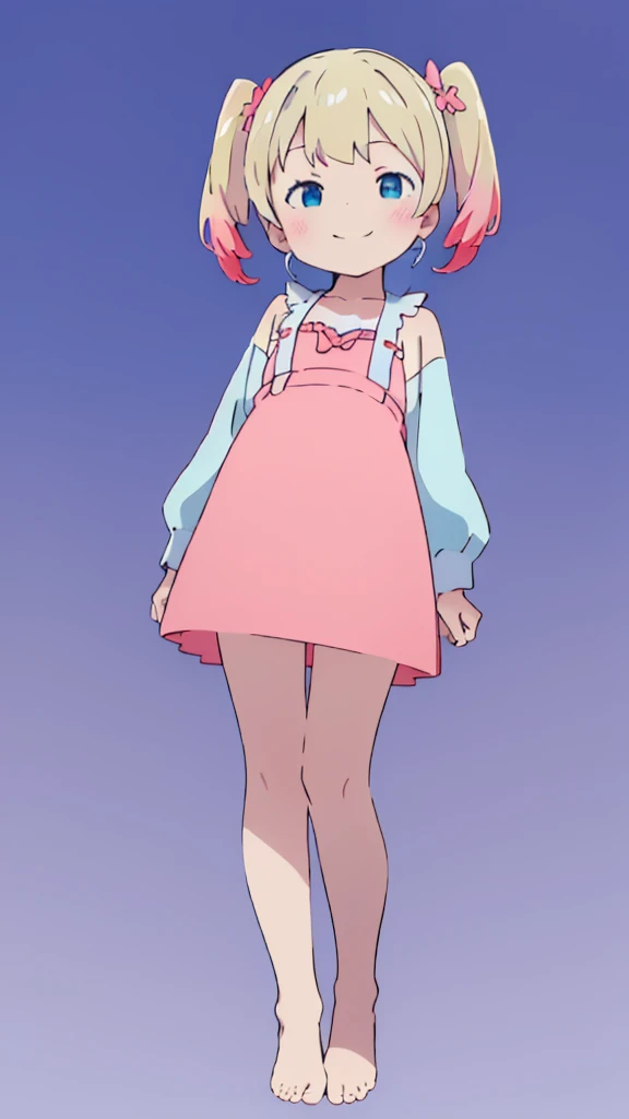 ((masterpiece))((Highest quality))girl、smile、blush、Flat Chest、Are thin、Blonde Hair、blush、Are standing、Whole body image、Eye level to the feet、front、No background、真frontのアングル、Blue clothes、Two-tone white and blue hair、Twin tails、Red Alice outfit