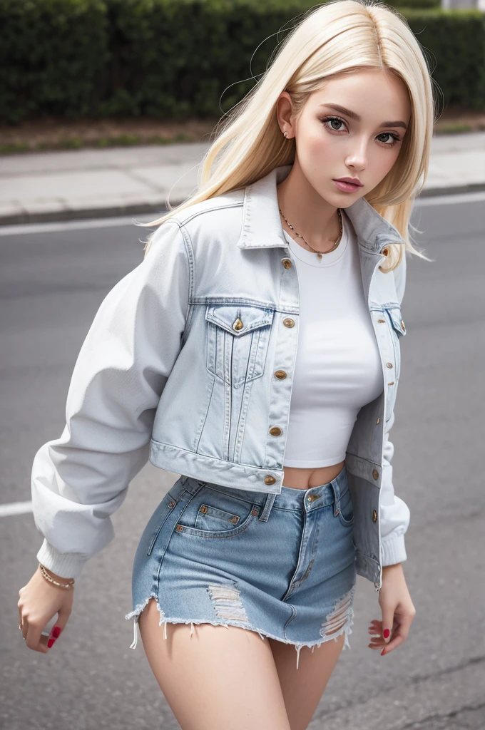 create a blonde woman in a white denim jacket, white denim skirt, cropped rosa e tenis branco 