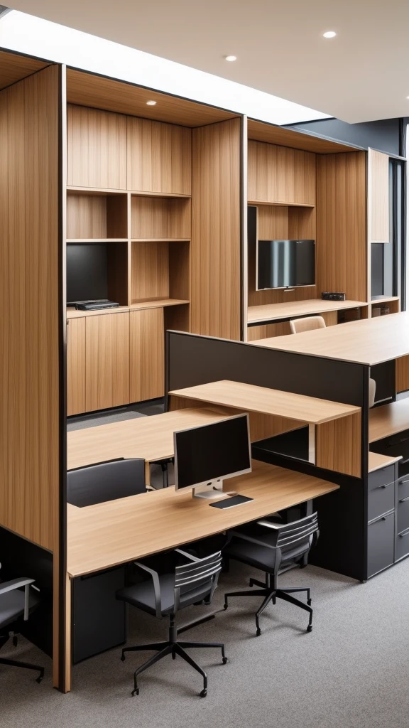 A modern office with some wooden dividers, glass and good lighting.