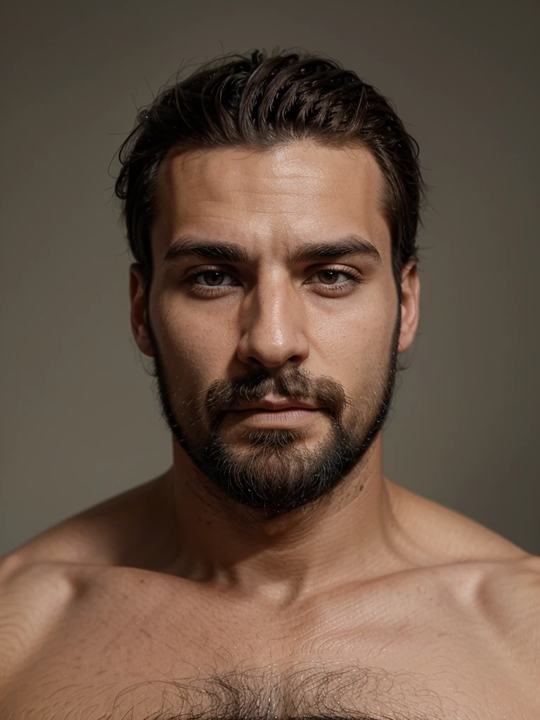 Homme espagnol, 30 ans, barbe épaisse brune, visage anguleux, regard ténébreux, cheveux très courts dégradé, bel homme musclé