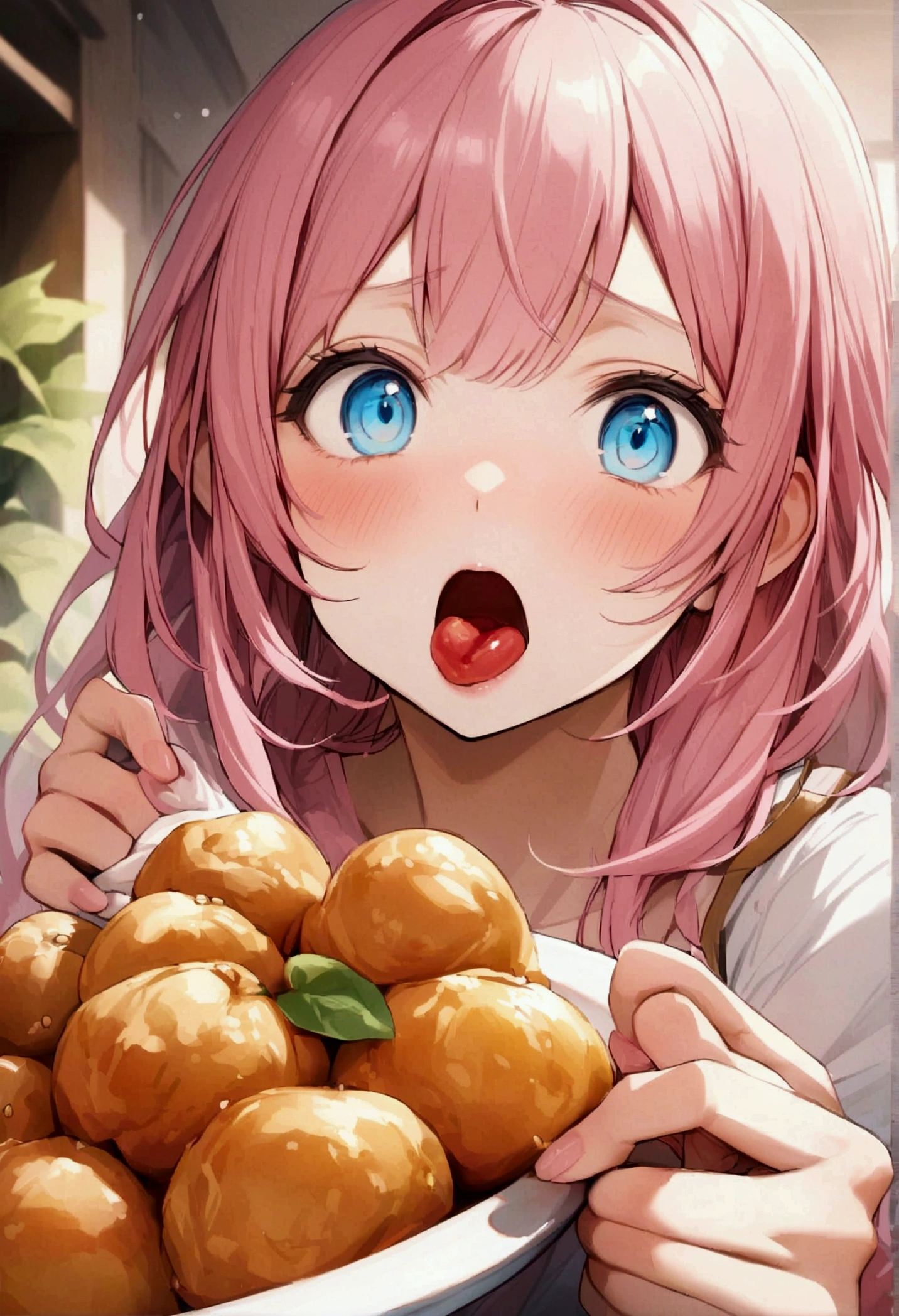 stuff one's mouth full of food、Pink haired woman、blue eyes