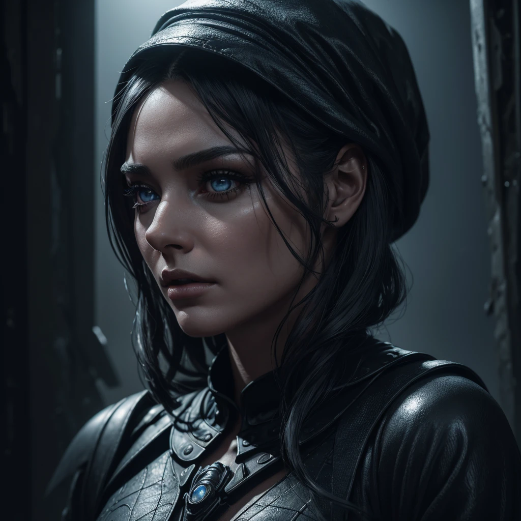 beautiful detailed eyes, beautiful detailed lips, extremely detailed eyes and face, long eyelashes, 1 alien witch, wrinkly skin, futuristic black clothes, dark grey hair, (best quality,4k,8k,highres,masterpiece:1.2),ultra-detailed,(realistic,photorealistic,photo-realistic:1.37), digital painting, cinematic lighting, dark moody atmosphere, dramatic lighting, chiaroscuro, moody, dystopian, sci-fi