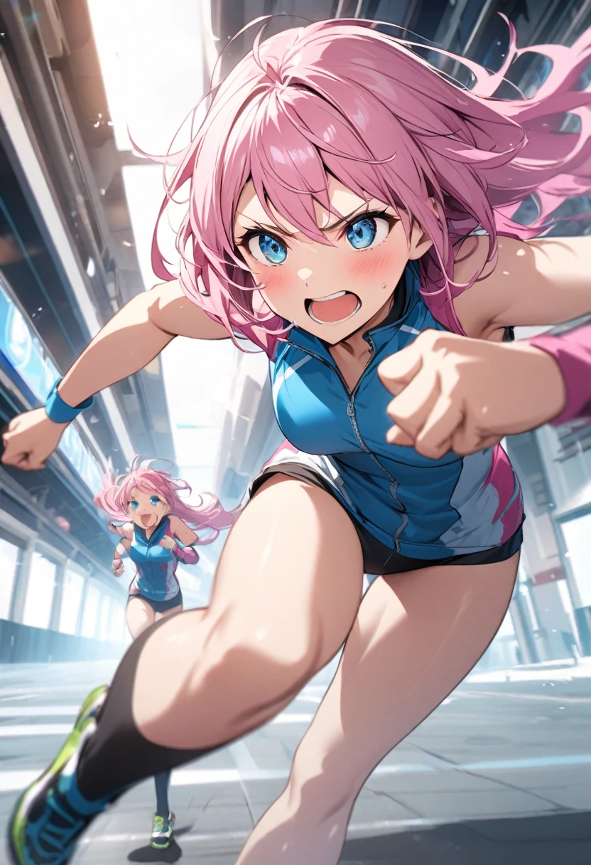 agile、run through、Pink haired woman、blue eyes
