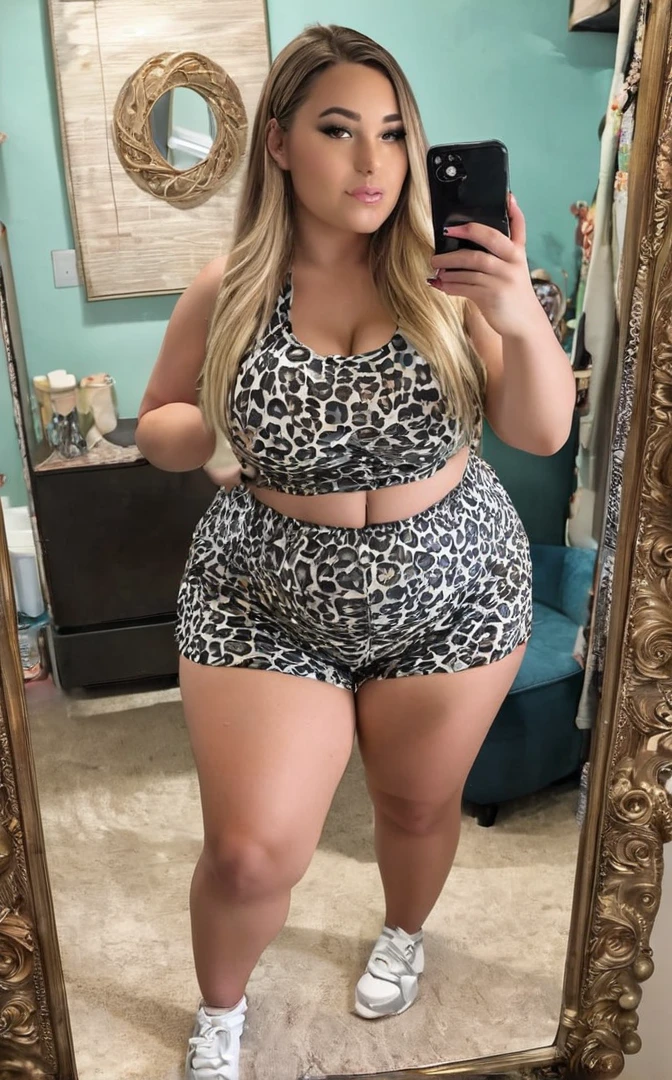 araffe woman taking a selfie in a mirror with a cell phone, thicc, she has a jiggly fat round belly, big booty, thick, thick thigs, thick thighs, booty shorts, pawg, thick body, beautiful thick female, large thighs, thick legs, varying thickness, thick tail, her belly is fat and round