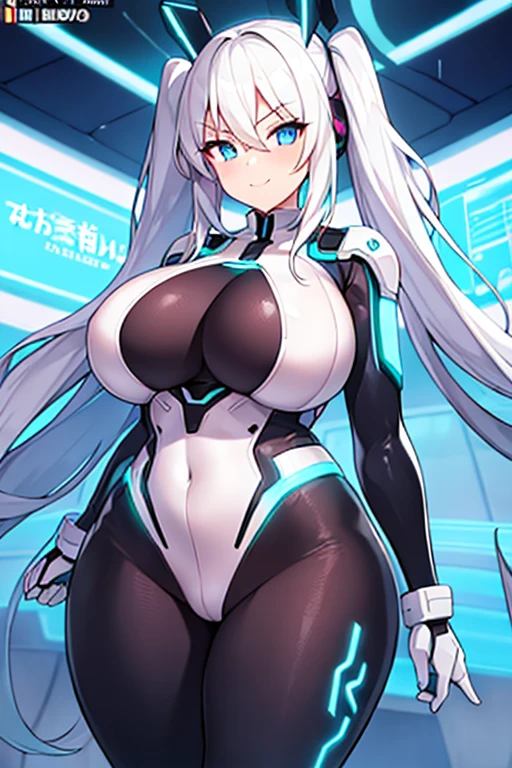 1girl, breasts, large breasts, wide hips, thick thighs, wide hips, light skin, bodysuit, white bodysuit, white hair, long hair, blue eyes, futuristic, science-fiction, tech, neon trim, neon, smile, ((anime screencap)), anime screencap, text, japanese text, white skin, blue neon trim, anime style, twintails