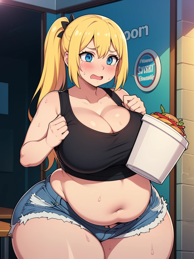 ((highres)), Masterpiece, high quality, best quality, beautiful, perfect lighting, detailed face, ultra cute face, ((1girl)), ((solo)), ((blush)), embarrassed, long fluffy blonde hair, pony tail, blue eyes, sweat, heavy breathing, crop top and shorts, fast food restaurant, cleavage, large breasts, ((wide hips)), (thick thighs), (chubby), ((belly grab)),
