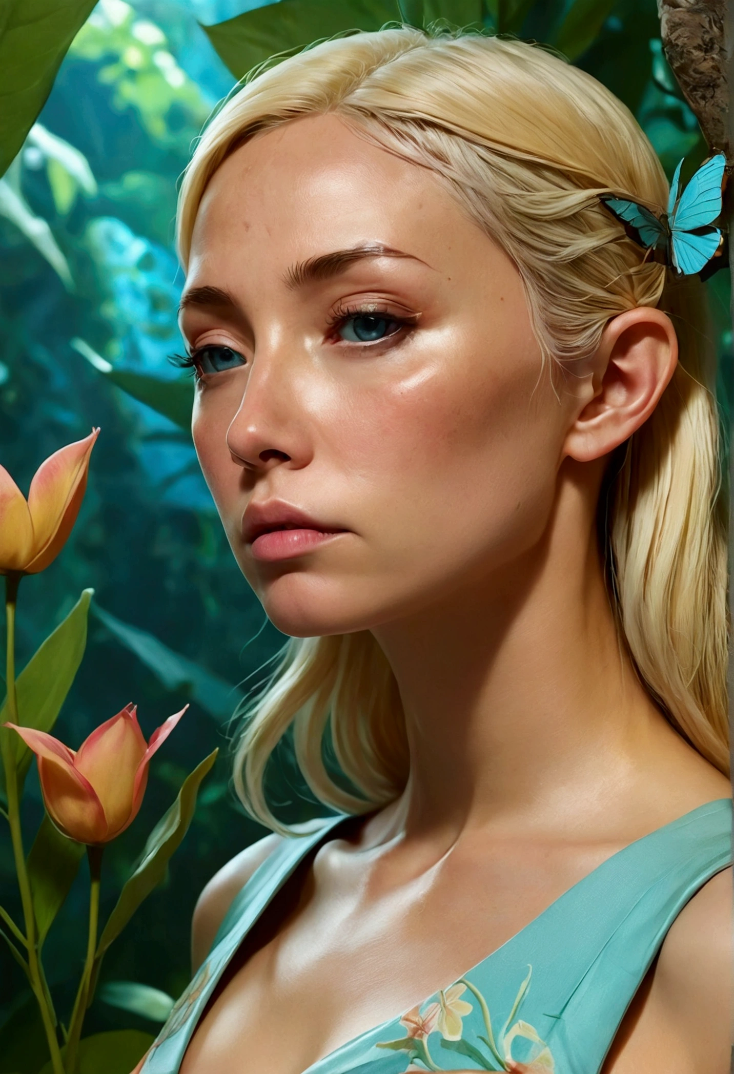 Blonde mature elf, despaired face, cybernetic arms, in the style of tranquil gardenscapes, colorful animation stills, masami teraoka, aquamarine, paul gauguin, Embry style, honest portrayal