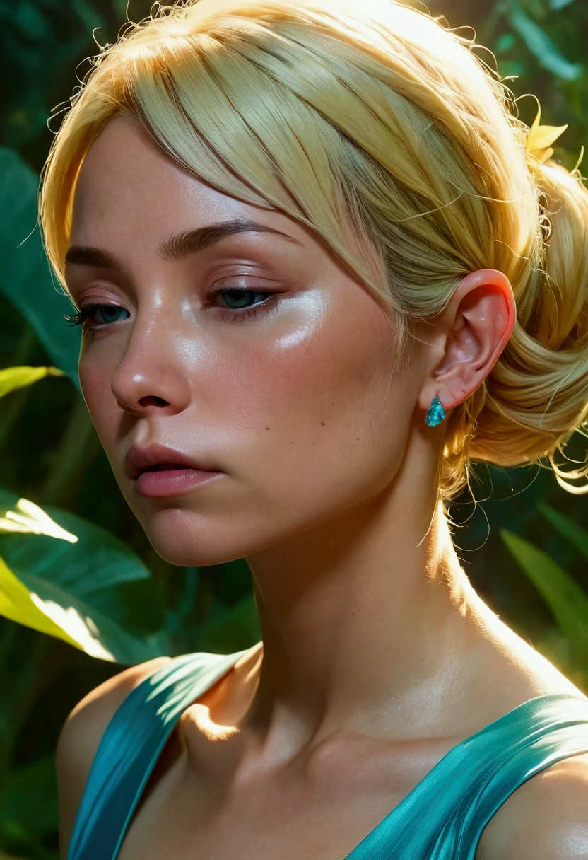 Blonde mature elf, despaired face, cybernetic arms, in the style of tranquil gardenscapes, colorful animation stills, masami teraoka, aquamarine, paul gauguin, Embry style, honest portrayal