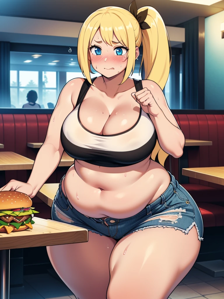 ((highres)), Masterpiece, high quality, best quality, beautiful, perfect lighting, detailed face, ultra cute face, ((1girl)), ((solo)), ((blush)), embarrassed, long fluffy blonde hair, pony tail, blue eyes, sweat, heavy breathing, crop top and shorts, fast food restaurant, cleavage, large breasts, ((wide hips)), (thick thighs), (chubby), ((belly grab)),