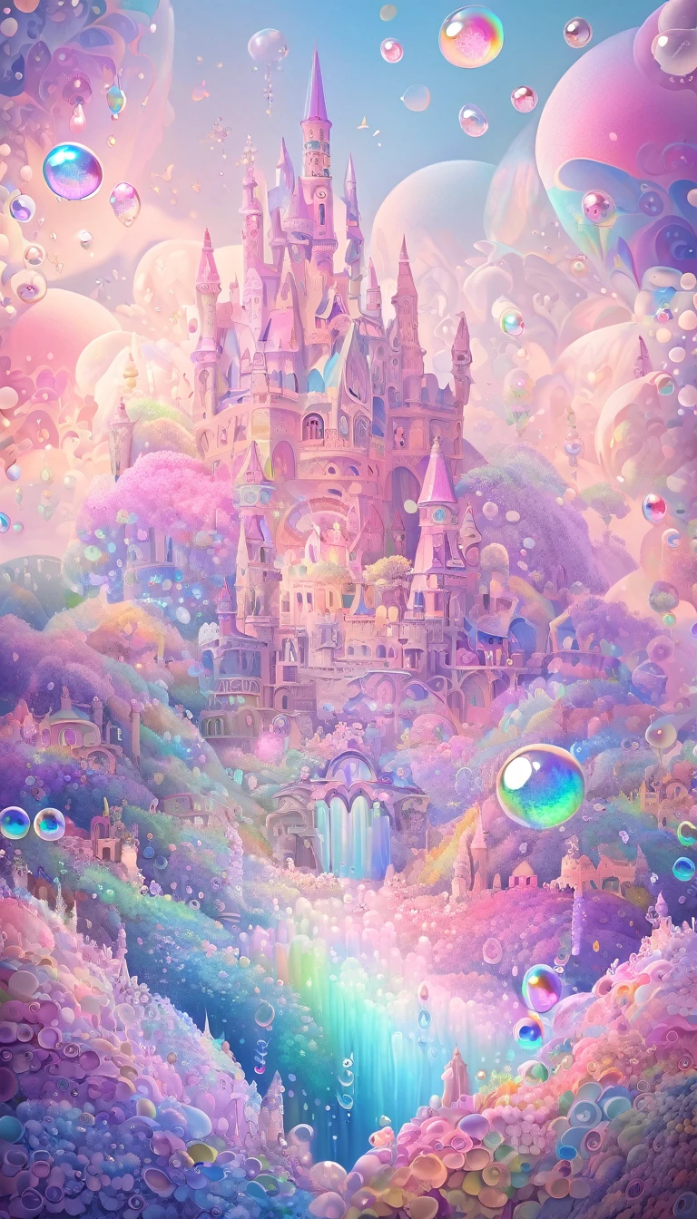 best quality, super fine, 16k, incredibly absurdres, extremely detailed, delicate and dynamic, dream world, mysterious castle filled with pastel-colored, fluffy, iridescent soap bubbles that look like sweets. no humans landscape
