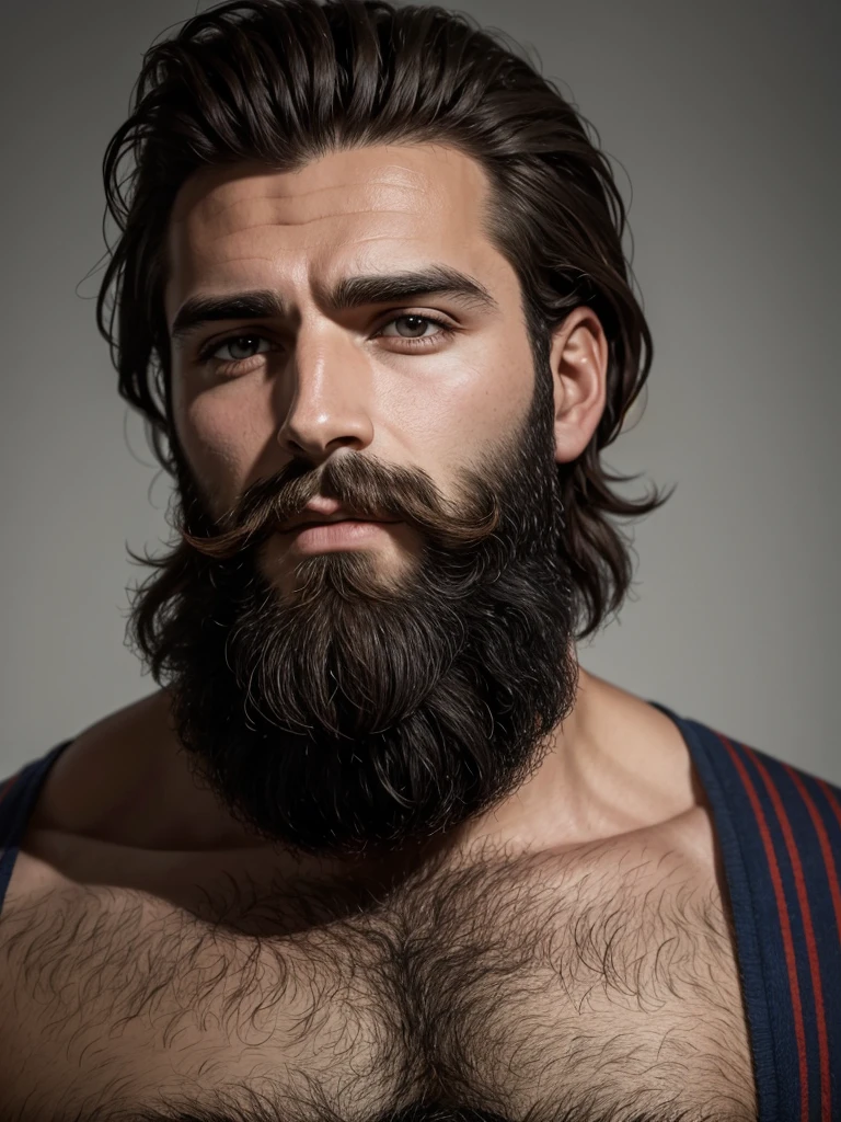 Homme français, 30 ans, barbe épaisse brune, visage anguleux, regard ténébreux, cheveux très courts dégradé, bel homme musclé