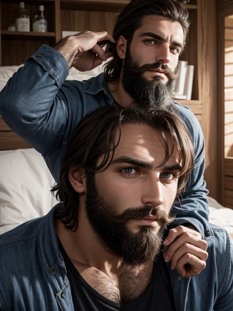 Homme français, 30 ans, barbe épaisse brune, visage anguleux, regard ténébreux, cheveux très courts dégradé, bel homme musclé