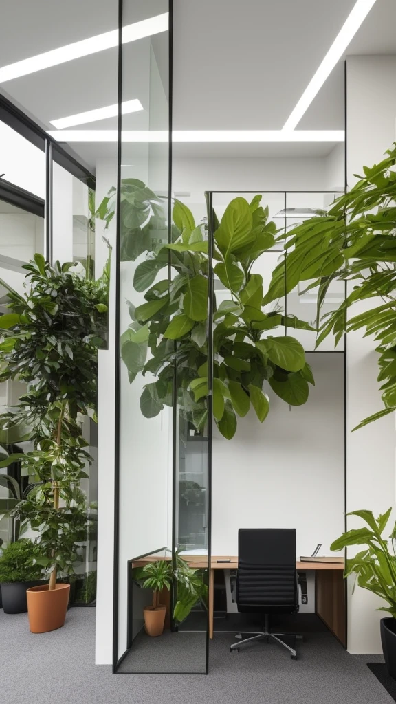 A modern office with a retractable glass partition and good lighting with a potted plant.