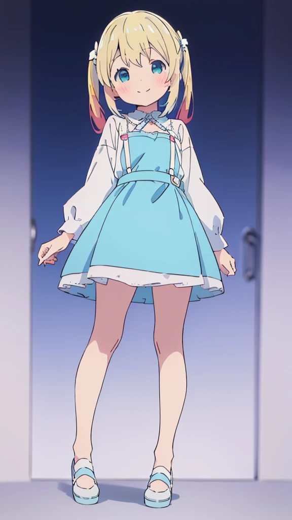 ((masterpiece))((Highest quality))girl、smile、blush、Flat Chest、Are thin、Blonde Hair、blush、Are standing、Whole body image、Eye level to the feet、front、No background、真frontのアングル、Blue clothes、Two-tone white and blue hair、Twin tails、Red Alice outfit