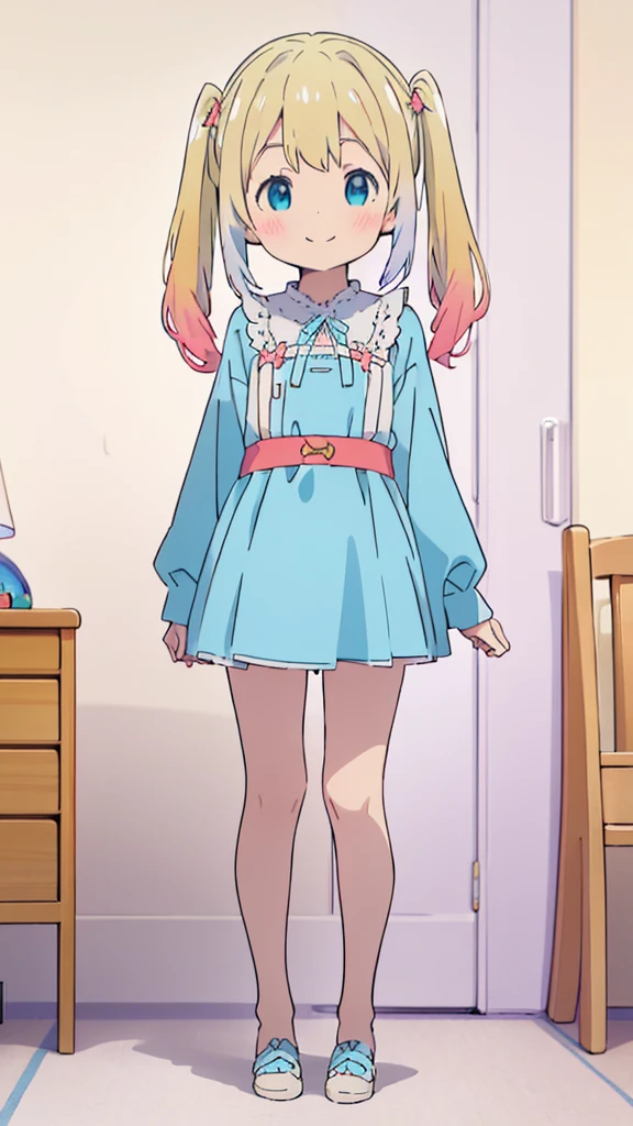 ((masterpiece))((Highest quality))girl、smile、blush、Flat Chest、Are thin、Blonde Hair、blush、Are standing、Whole body image、Eye level to the feet、front、No background、真frontのアングル、Blue clothes、Two-tone white and blue hair、Twin tails、Red Alice outfit