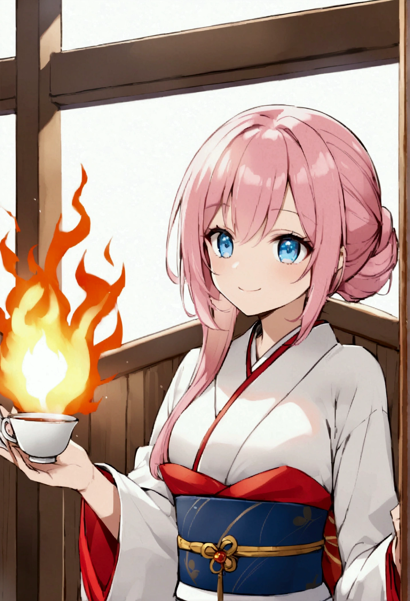 Drinking hot Japanese tea from a teacup、Enter the flame、kimono、smile、Pink haired woman、blue eyes
