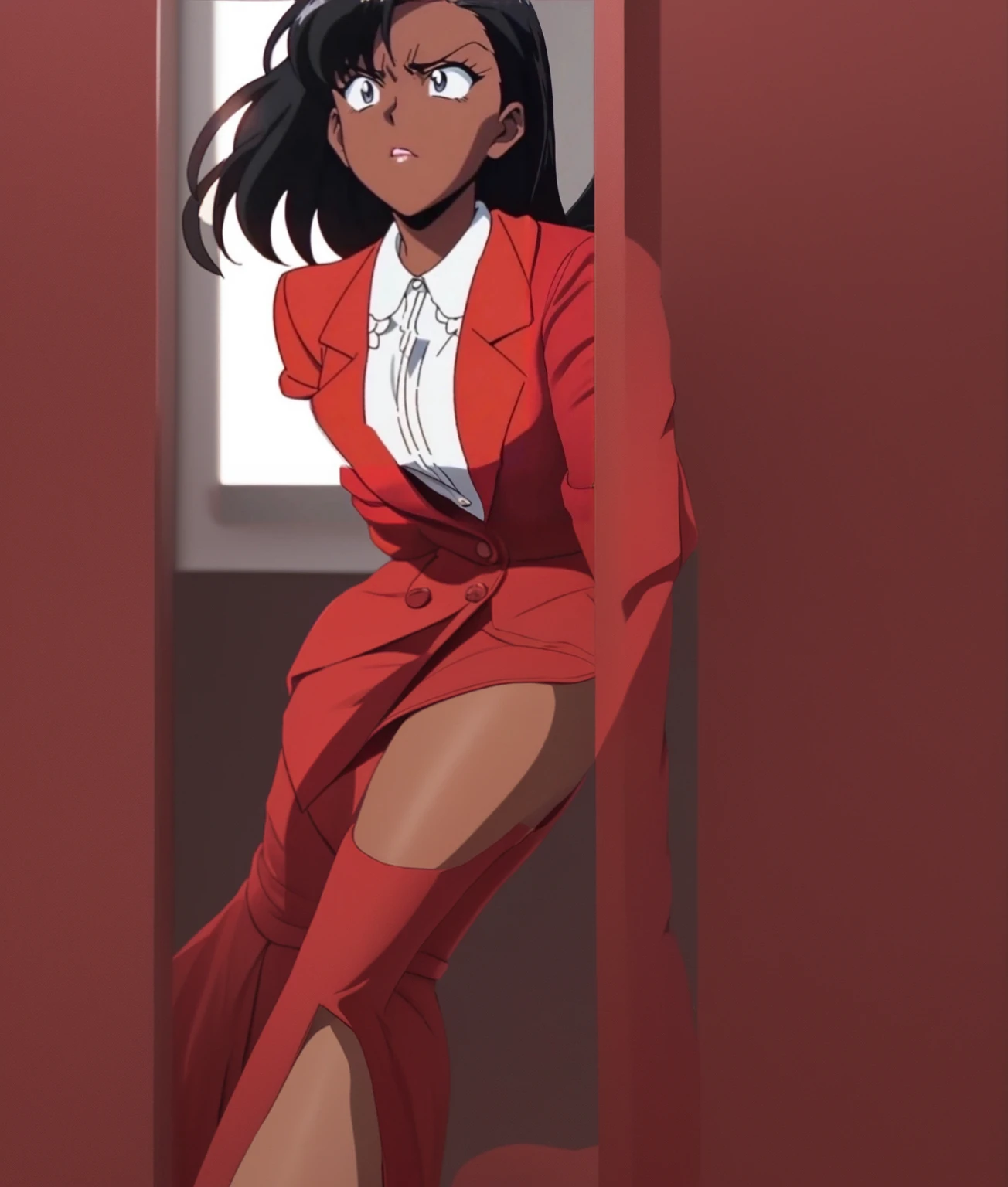 90s anime Evil black skinned business woman in a red suit and  red skirt and red heels and long red sleeves 