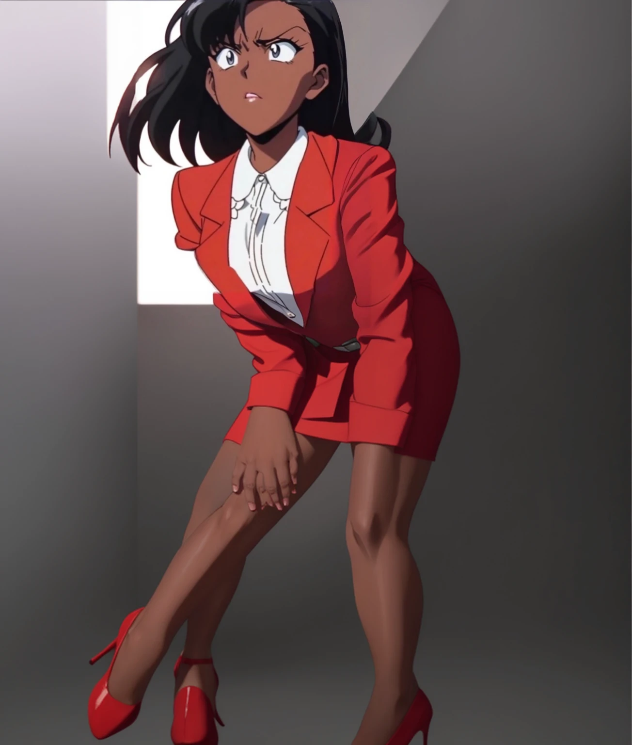 90s anime Evil black skinned business woman in a red suit and red skirt and red heels and long red sleeves