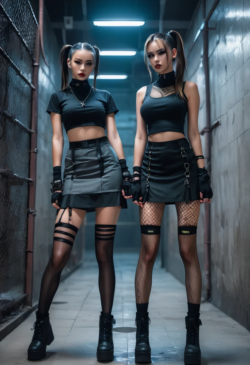 in a cyberpunk prison, Two girls, Handcuffed hands, Long hair, pony tail, topknot, T-shirt with mini slit, split miniskirt, fishnet stockings, knee-high boots, 项链, black choker, Half gloves, Finger tights, sexy submissive standing pose, Rocklift, Inspiration