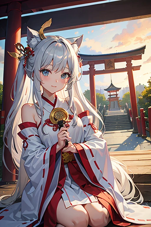 masterpiece, Highest quality, High resolution,Follow the on-screen instructions、Anime Style、Follow the prompts、One Girl、Long silver hair、shrine、Miko costume、cute、In front of the torii gate