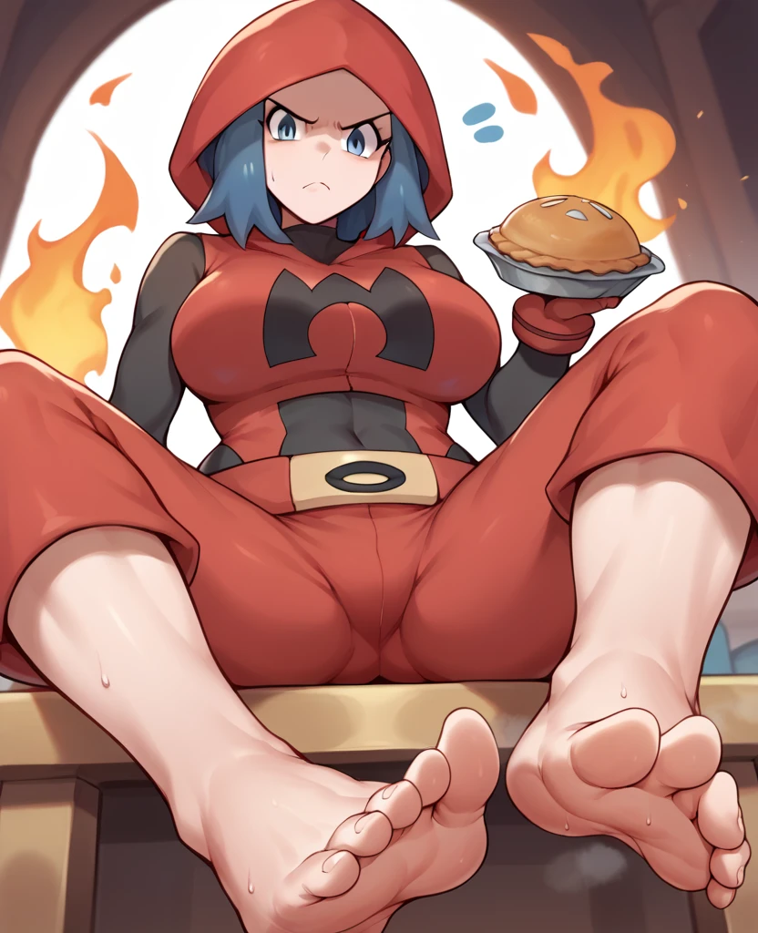 Best Quality, Masterpiece, ultra high resolution, a woman, hope (Pokémon), short blue hair, blue eyes, big breasts, annoyed look, Red hood, Team Magma, Red suit, Red pants, sitting on a chair, pies, barefoot, barefoot, soles of feet visible, feet sweating and steaming, View from below, sitting in a chair, burning earth with lava in the background,  , View from below