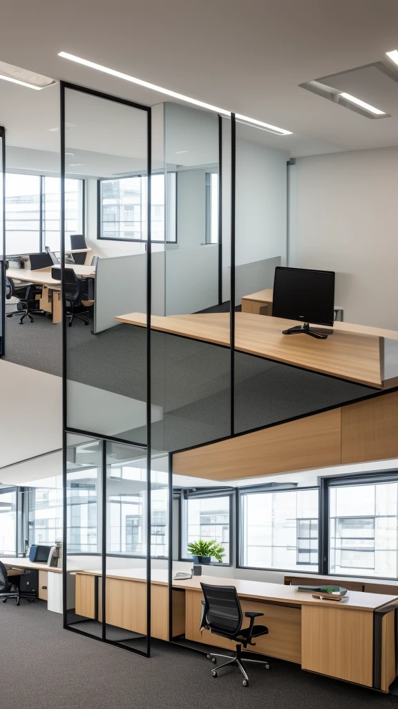 A modern office with retractable glass partition and good lighting.