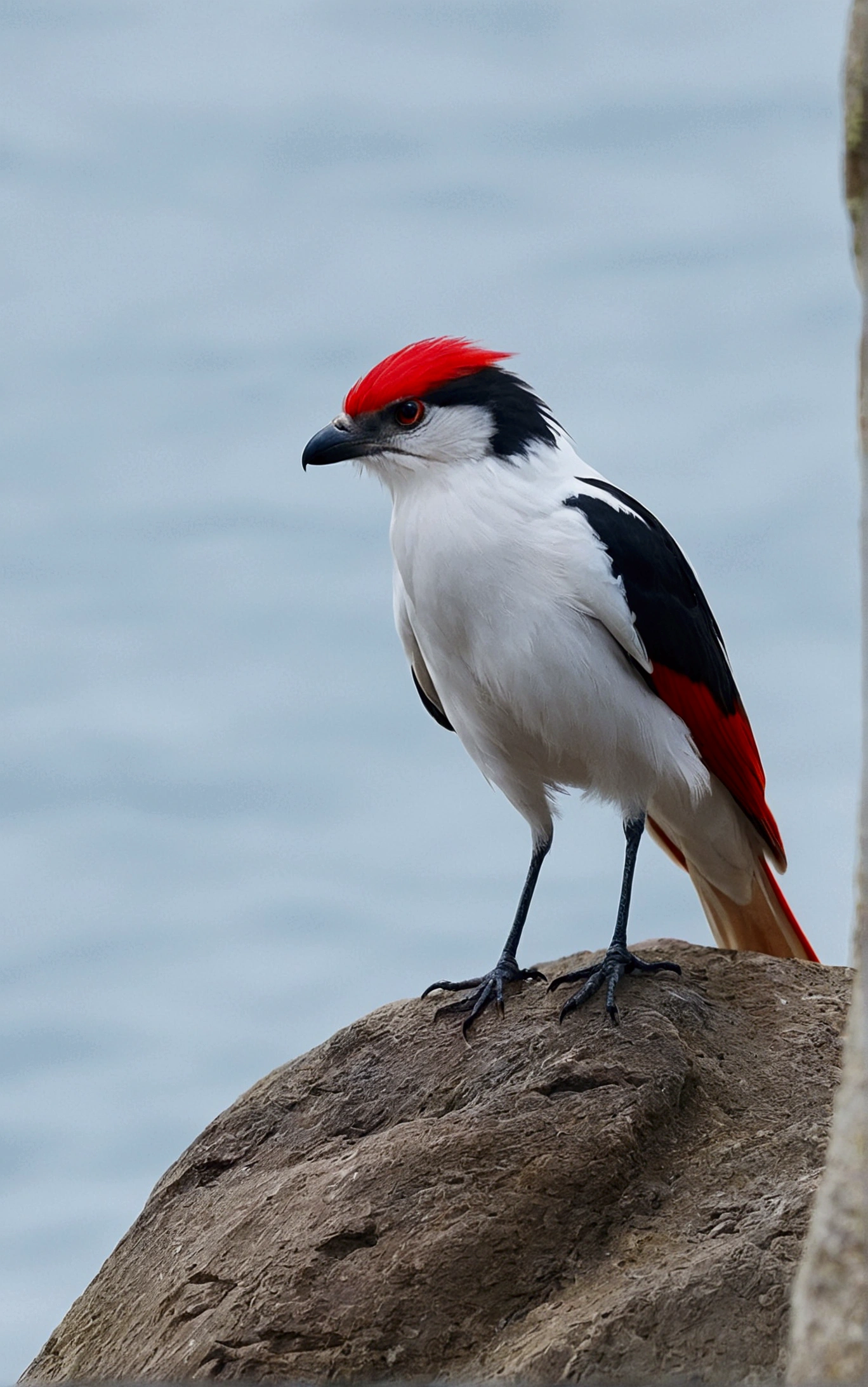 This is a photo of a bird with a white body and a red tail, perched on a rock.