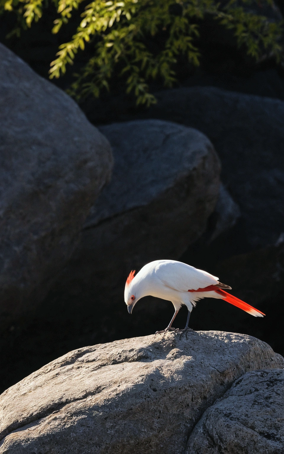 This is a photo of a bird with a white body and a red tail, perched on a rock.