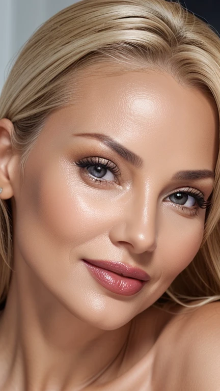 image of face Woman 58 years old blonde lips breasts with silicone 450 ml,extremely high detailed skin,ultra real hd4k,K8,tanned,velvety.appearing hyper realistic real lip pores with tasty glossy lipstick,gostoso,appetizing,smile with perfect white foreheads